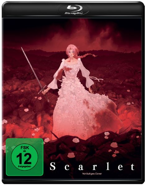 Text: "FSK ab 12 freigegeben", "Scarlet", "Vorläufiges Cover". 

Eine Illustration zeigt eine Figur in einem weißen Kleid mit Schwert.
