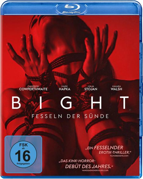 Oben: "Bight Fesseln der Sünde". Schauspielernamen darunter. Rotes Bild zeigt gefesselte Hände. FSK 16 Symbol links.