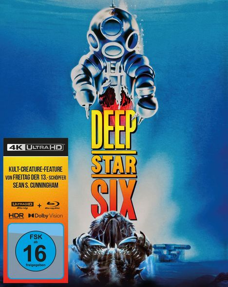 "Deep Star Six" ist zentral in gelben und roten Buchstaben. Ein Tiefseetaucheranzug, ein Monster und eine Unterwasserstation sind dargestellt.