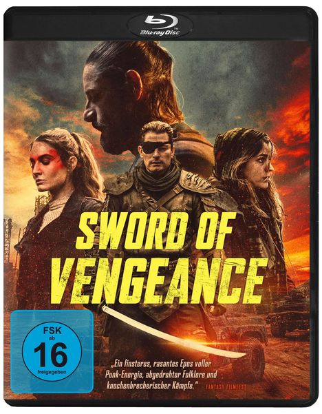 "Sword of Vengeance" in gelber Schrift. Drei Krieger, einer mit Sonnenbrille, vor dramatischem Himmel. FSK 16.