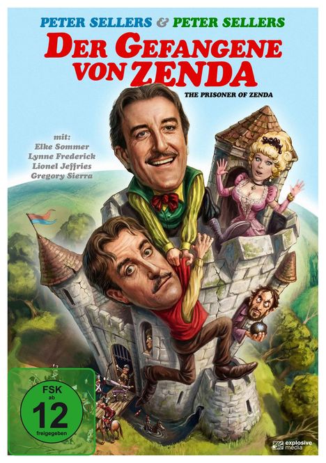 Texte: "Peter Sellers & Peter Sellers", "Der Gefangene von Zenda", "mit: Elke Sommer, Lynne Frederick". Illustration eines komischen Szenarios mit Figuren auf einem Burgturm.