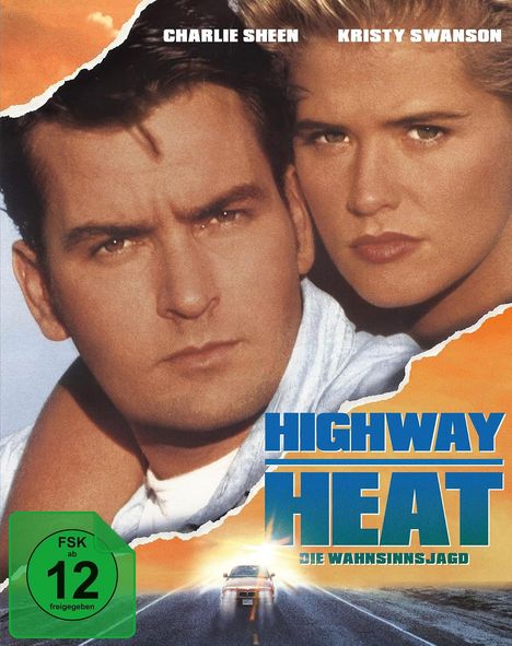 In der Mitte steht "HIGHWAY HEAT", darunter "DIE WAHNSINNSJAGD". Zwei Personen im Vordergrund, ein Auto auf einer Straße unten.