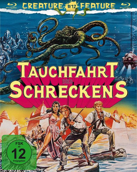 "Tauchfahrt des Schreckens" steht groß in der Mitte. Oben "Creature #12 Feature". Unten links "FSK ab 12 freigegeben". Dramatische Szene mit riesigem Oktopus.