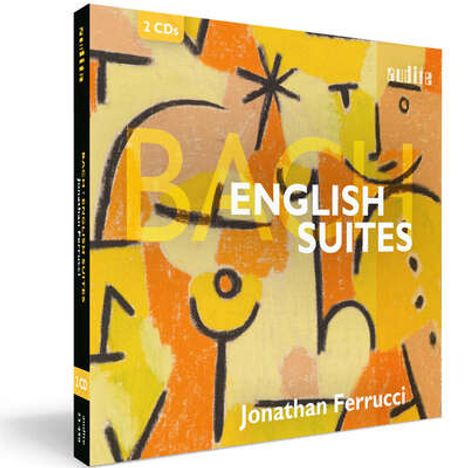 ENGLISH SUITES, 2 CDs, Jonathan Ferrucci. Abstrakte Illustration mit gelben und orangefarbenen Formen.
