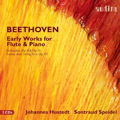 "Early Works for Flute & Piano" von Beethoven. Gelb-orange Abstraktion. Namen: Johannes Hustedt und Sontraud Speidel.
