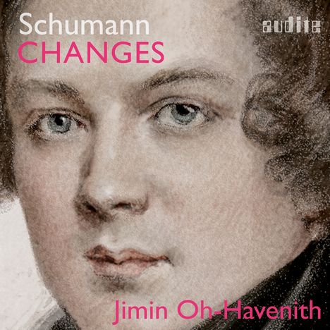"Schumann CHANGES Jimin Oh-Havenith audite." Eine detailreiche Illustration eines Gesichts mit lockigem Haar.