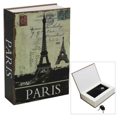 Buchförmige Box mit "PARIS", Eiffelturm, Briefmarken und Vintage-Design. Geöffnet mit Innenfach und Schlüssel.