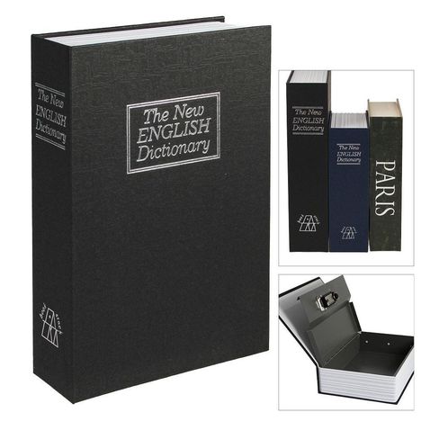 "The New ENGLISH Dictionary" auf drei Bucheinbänden. Der schwarze Umschlag verbirgt ein Safe-Interieur.