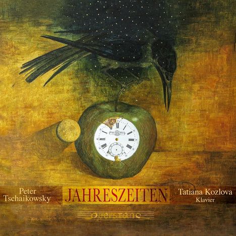 Texte: "JAHRRESZEITEN", "Peter Tschaikowsky", "Tatiana Kozlova Klavier". Illustration: Krähe, Apfel mit Uhr.