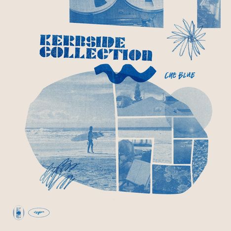 "Kerriside Collection", "Cue Blue". Eine Collage in Blautönen mit Wellenmotiv und Surfer am Strand.