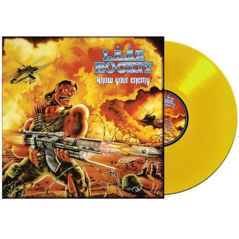 Text: "Lääz Rockit, know your enemy." Illustration eines muskulösen Mannes mit Waffe, Feuer und Rauch umgeben ihn. Gelbe Vinylplatte.