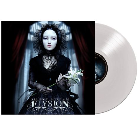 "SILENT SCR3AM, ELYSION" steht unter einer bleichen Puppe in schwarzer Spitze mit einer Lilie in der Hand, vor blutroten Vorhängen.