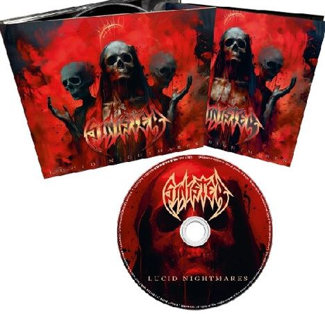 Der Text auf der CD: "LUCID NIGHTMARES". Ein dunkles, bedrohliches Cover mit Schädeln und roten, düsteren Farben.