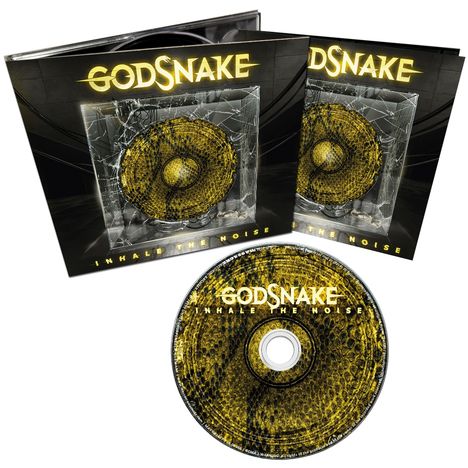CD-Cover mit "GODSNAKE" oben, "Inhale the Noise" unten. Sichtbar: CD und Hülle mit Schlangenhaut-Design.