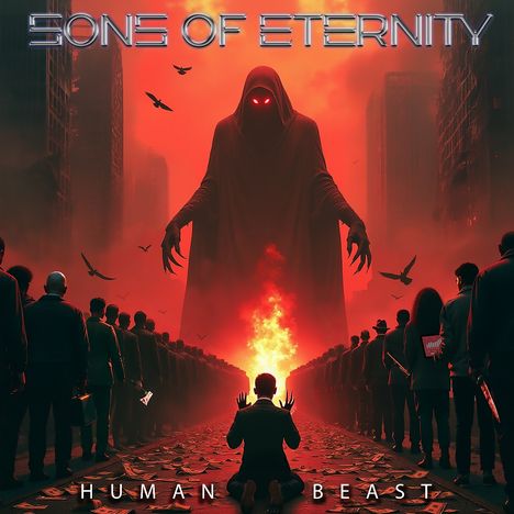 "Sons of Eternity" und "Human Beast" in futuristischer Schrift. Ein riesiger, verhüllter, bedrohlicher Schatten mit roten Augen.
