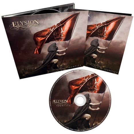 CD-Cover-Design, „ELYISION“ und „IDENTITY“. Mensch kniet mit roter Flagge in stürmischer Umgebung.