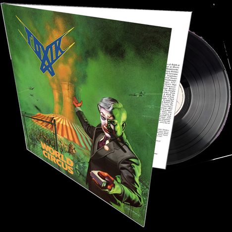 "World Circus." Logo und Illustration eines Zirkuszelts, somberer Mann mit Halbmaske, grüner Hintergrund, Schallplatte.