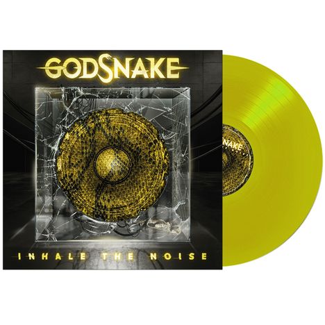 Text: "GODSNAKE" oben, "INHALE THE NOISE" unten. Gelbe Vinyl-Schallplatte mit Schlangenmuster und Glasbruch-Effekt.