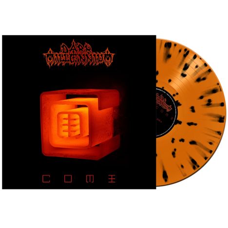 Oben stilisierter Text, unten "COME". Rotes, leuchtendes, kubisches Objekt; Vinylscheibe in Orange mit schwarzen Sprenkeln.