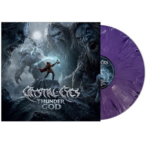 "CRYSTAL EYES - THUNDER GOD". Illustration: Ein Krieger mit Hammer bekämpft riesige Kreaturen. Lila Vinyl-Schallplatte.