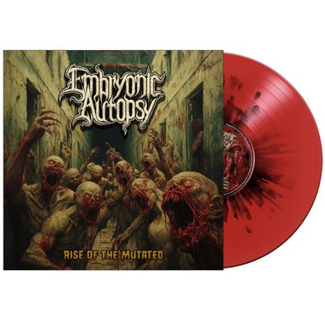 Text: "Embryonic Autopsy, Rise of the Mutated." Schaurige Illustrationen von mutierten Kreaturen; eine rote Schallplatte.