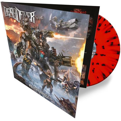 "Reign of Steel" auf einem Cover mit einem riesigen Kampfroboter, einer kämpfenden Frau und einem roten, gesprenkelten Vinyl.