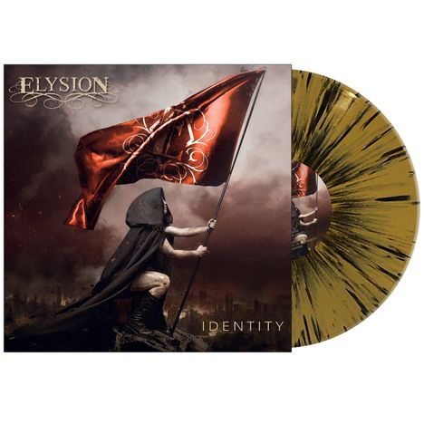 "ELYSION", "IDENTITY". Eine Figur in schwarzem Umhang hält eine rote Flagge. Vinyl mit schwarzem Muster.