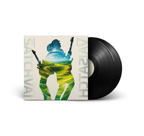 Albumcover mit „SATCHVAI VAI SATCH“ und einem Gitarristen-Silhouettencollage aus Landschaften und Himmel.