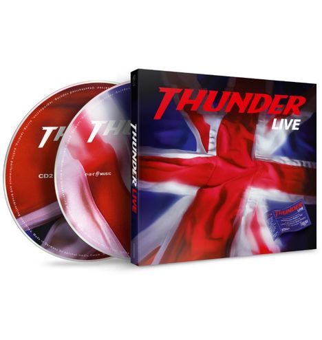 "THUNDER LIVE" in roter Schrift auf CD-Hülle; britische Flagge als Hintergrundmuster. Dynamisches Design.