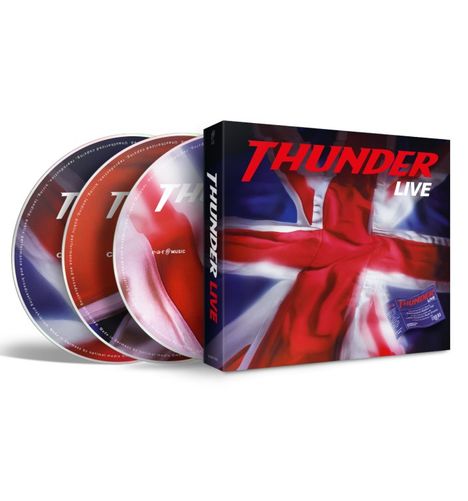 "THUNDER LIVE" in roter Schrift. Union Jack im Hintergrund. Zwei CDs mit ähnlichem Design. Box zeigt Band-Logo.