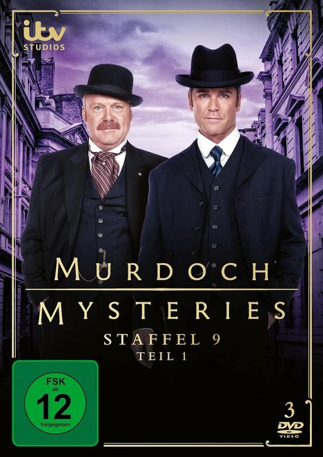 „Murdoch Mysteries, Staffel 9, Teil 1.“ Zwei Männer in Anzügen und Hüten vor einer historischen Straßenszene.
