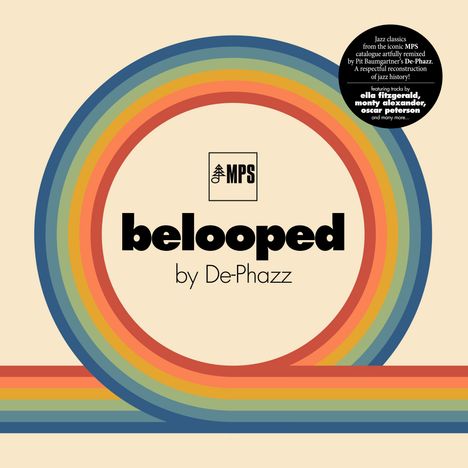 Weiße Fläche mit einem Regenbogen-Design, zentral: "belooped by De-Phazz", Logo und Text über Jazzklassiker.