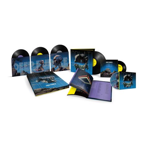Texte: "Deep Purple: Exklusives Vinyl- und CD-Boxset, inkl. Buch". Verschiedene Schallplatten- und CD-Hüllen mit futuristischen Covern.