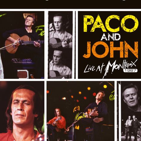 "PACO AND JOHN Live At Montreux 1987" steht rechts. Mehrere Bilder zeigen zwei Gitarristen während eines Auftritts.