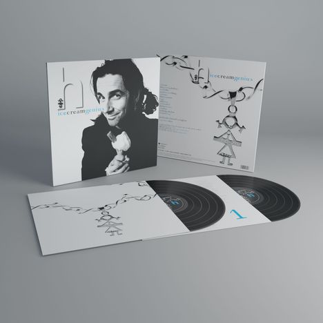 "icecreamgenius" steht in hellblau auf einem Plattencover. Ein Mann mit Eis. Zwei Schallplatten mit Nummern 1 und 2.