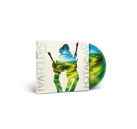 "Satch Vai", Gitarristensilhouetten, Naturhintergrund in Grün- und Blautönen, CD-Hülle und Disc sichtbar.