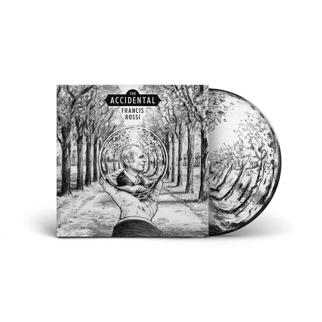 "The Accidental, Francis Rossi". Hand hält eine Glaskugel, darin ein Porträt, umgeben von Baumreihen. Atmosphäre surrealistisch.