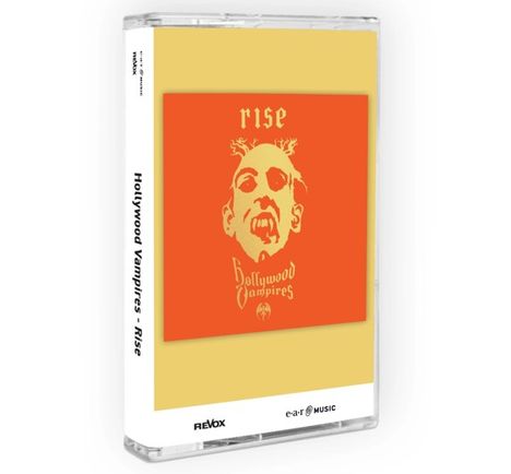 Text: "rise", "Hollywood Vampires". Eine weiße, vampirartige Fratze auf schwarzem Hintergrund.