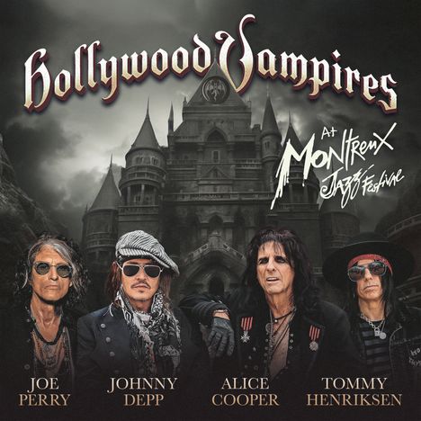 "Hollywood Vampires" und "Montreux Jazz Festival" sind prominent platziert. Vier Musiker stehen vor einem Schloss.