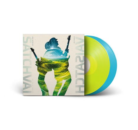 Texte: "SATCH", "VAI". Duale LP mit farbigem Cover im Silhouettenstil, zeigt Gitarrist und Landschaft.