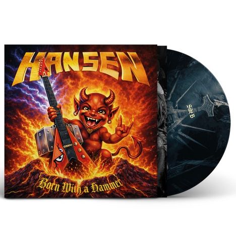 Text: "HANSEN", "Born With a Hammer". Illustration: Ein lachender Teufel mit Gitarre umgeben von Flammen und Lava.