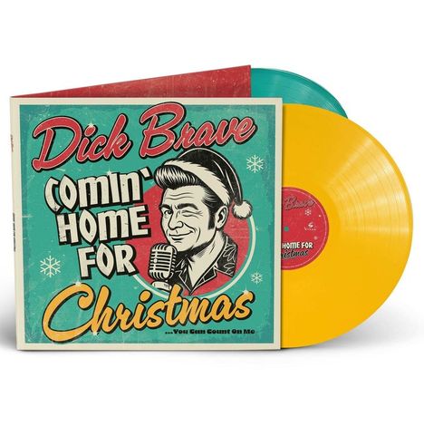 Dick Brave, Comin' Home for Christmas. Illustration mit Retro-Design eines Sängers und zwei bunten Schallplatten.