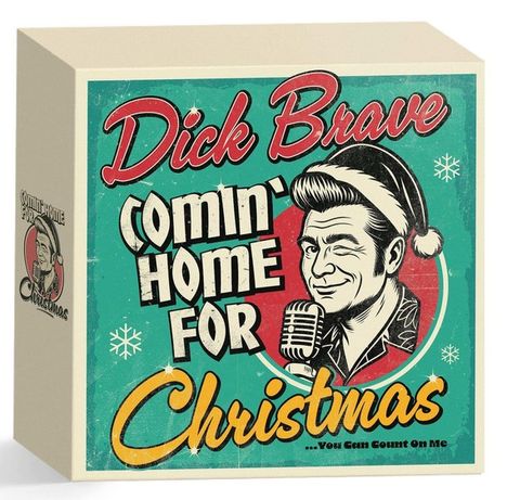 „Dick Brave, Comin' Home for Christmas“ steht in großen Buchstaben. Illustration eines Mannes mit Mikrofon und Weihnachtsmütze.
