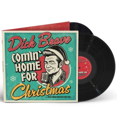 „Dick Brave: Comin' Home for Christmas“, Illustration eines lächelnden Mannes mit Mikrofon, umgeben von Schallplatten.