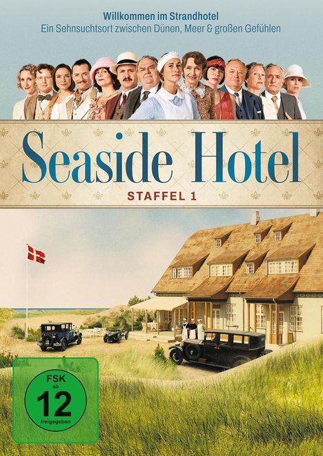 "Seaside Hotel Staffel 1", oben Menschen in Vintage-Kleidung, darunter Hotel und Autos in Dünenlandschaft, dänische Flagge.