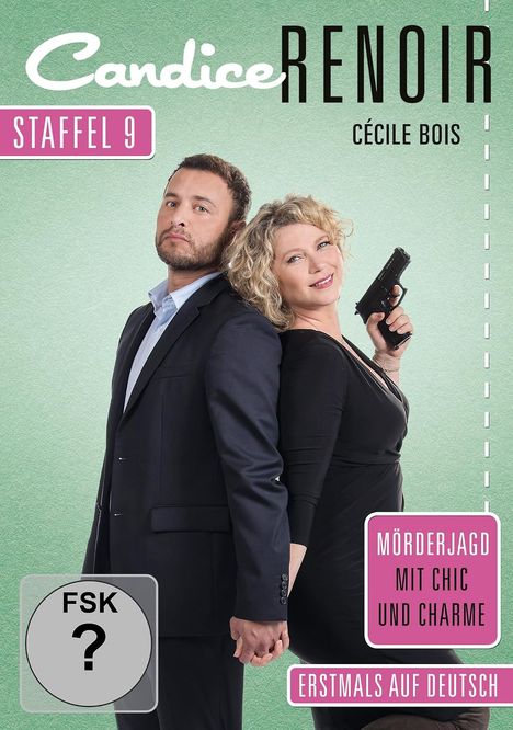 "Staffel 9", "Candice Renoir", "Cécile Bois", "Mörderjagd mit Chic und Charme", "Erstmals auf Deutsch". Ein Paar steht Rücken an Rücken, sie hält eine Pistole.