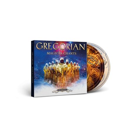 "GREGORIAN MAGICAL CHANTS" steht oben. Illustration: Mönche in goldenen Gewändern vor einem blauen Hintergrund.