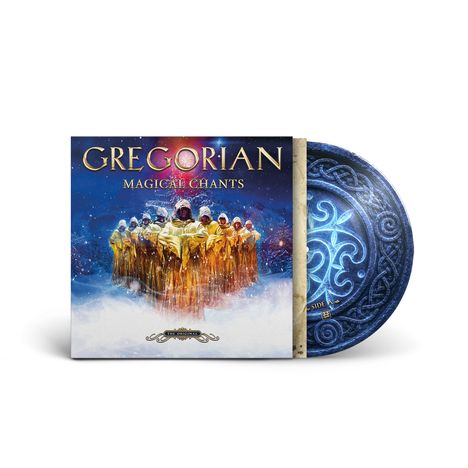 Text: GREGORIAN MAGICAL CHANTS. Männer in goldenen Gewändern stehen vor einem tiefblauen, mystischen Hintergrund.