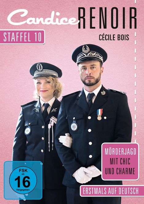 "STAFFEL 10, MÖRDERJAGD MIT CHIC UND CHARME, ERSTMALS AUF DEUTSCH." Zwei Personen in Uniform vor rosa Hintergrund.