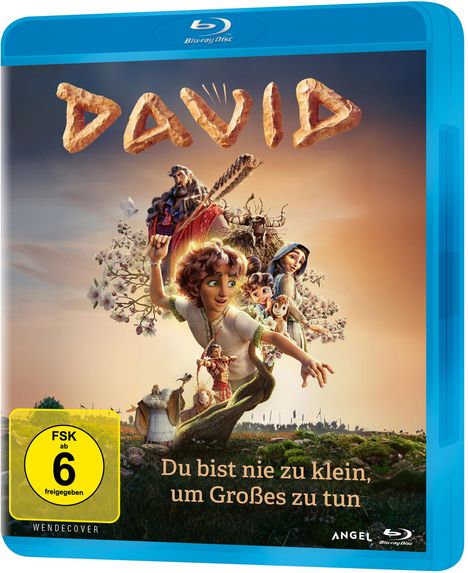 Der Text "DAVID". Darunter "Du bist nie zu klein, um Großes zu tun". Illustration mit kindlichen Figuren und mystischem Baum.